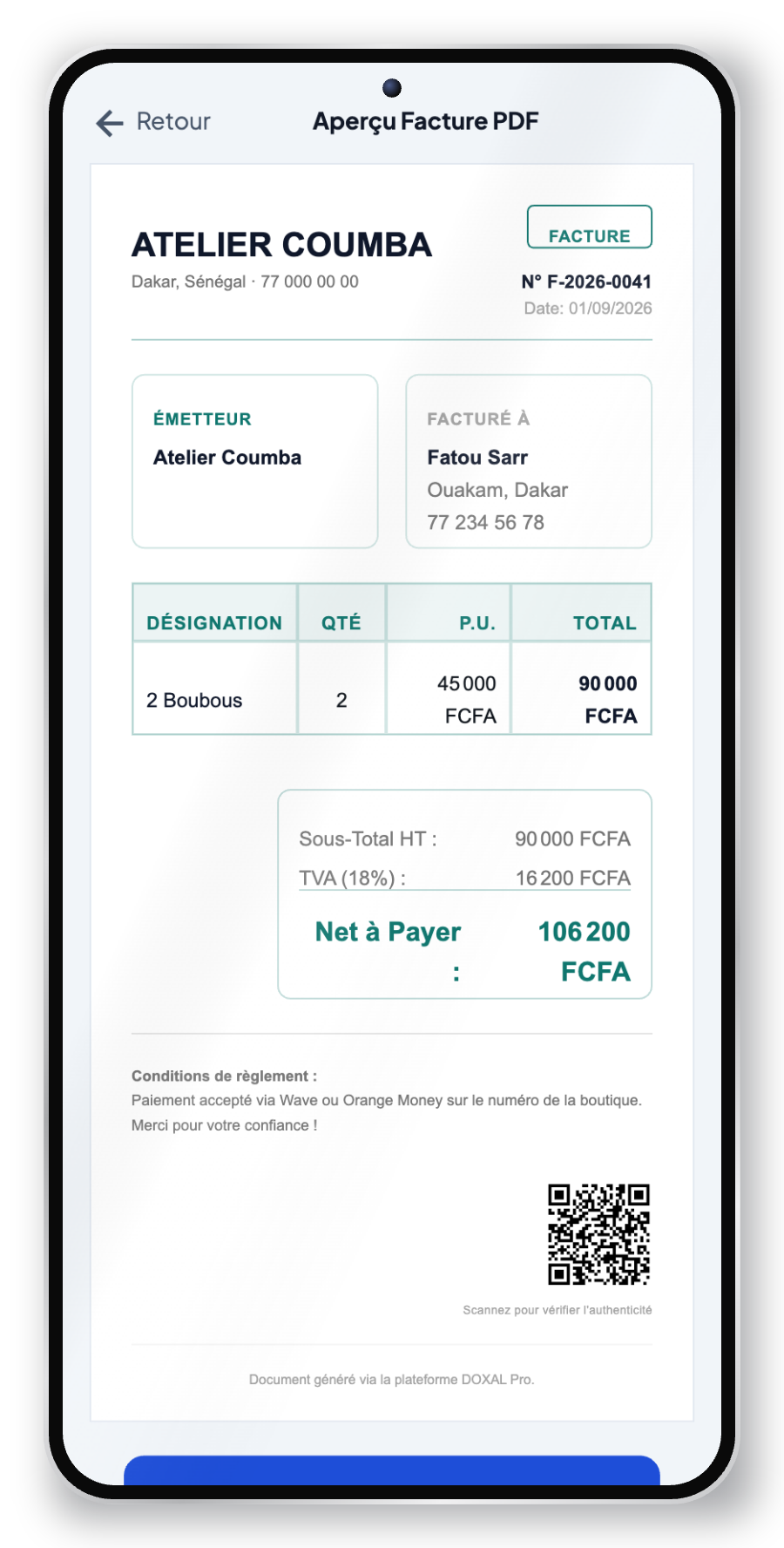 Création d'une facture dans DOXAL Pro sur Samsung Galaxy S25 Ultra